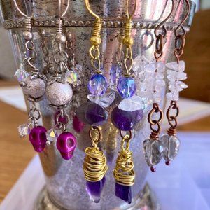 3 pairs earrings glass gemstone acrylic metal goth boho dangle